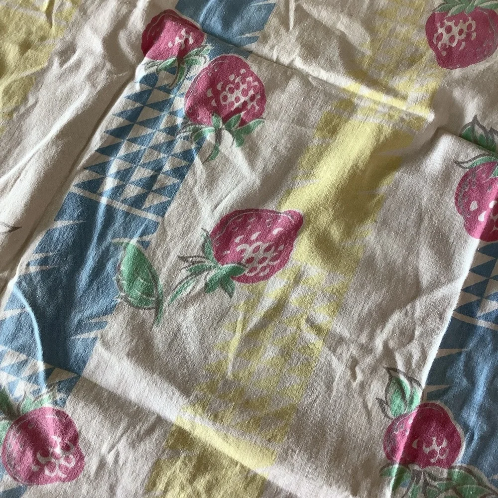 Vintage Strawberry Blue White Butter Yellow Small Tablecloth Table Linens